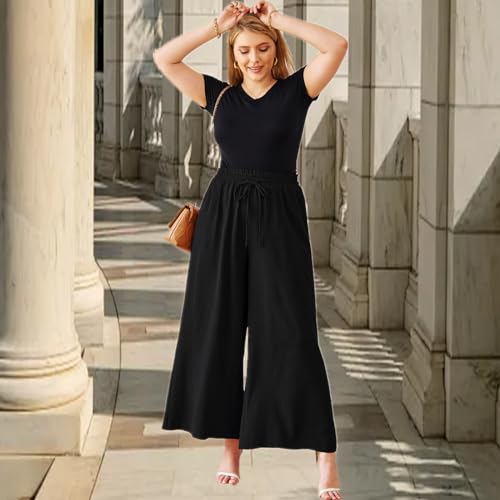 Women's Wide Leg Linen Pants High Waisted Flowy Palazzo Pants Lounge Loose Casual Work Pants Trousers Pockets4