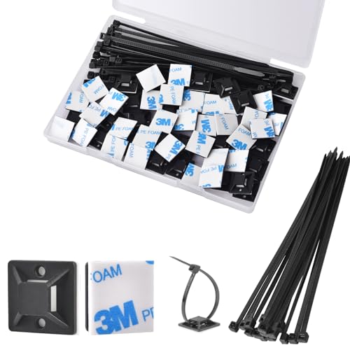 Strong Back-Glue Self Adhesive Cable Zip Tie Mounts Kit - 100 Set Cable Management Clips with 6