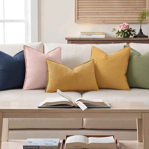 Image of decorUhome Fall Decorative Linen Throw Pillow Covers 12x20 Inch Set of 2 Mustard Yellow Lumbar Pillow Covers with Flange Edges Soft Farmhouse Boho Accent Pillow Cases for Couch Bed Living Room