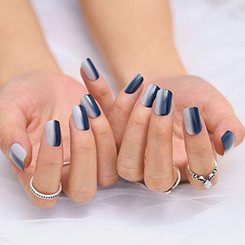 Sethexy Short Square False Nials Blue Gray 24Pcs Acrylic Art Nail Tips For Women and Girls