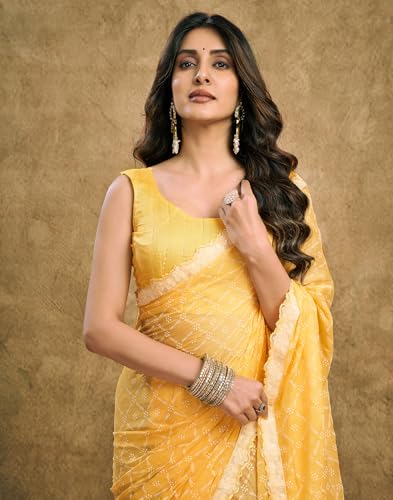 Image of SIRIL Women's Chiffon Bandhani Printed Saree With Unstitched Blouse Piece