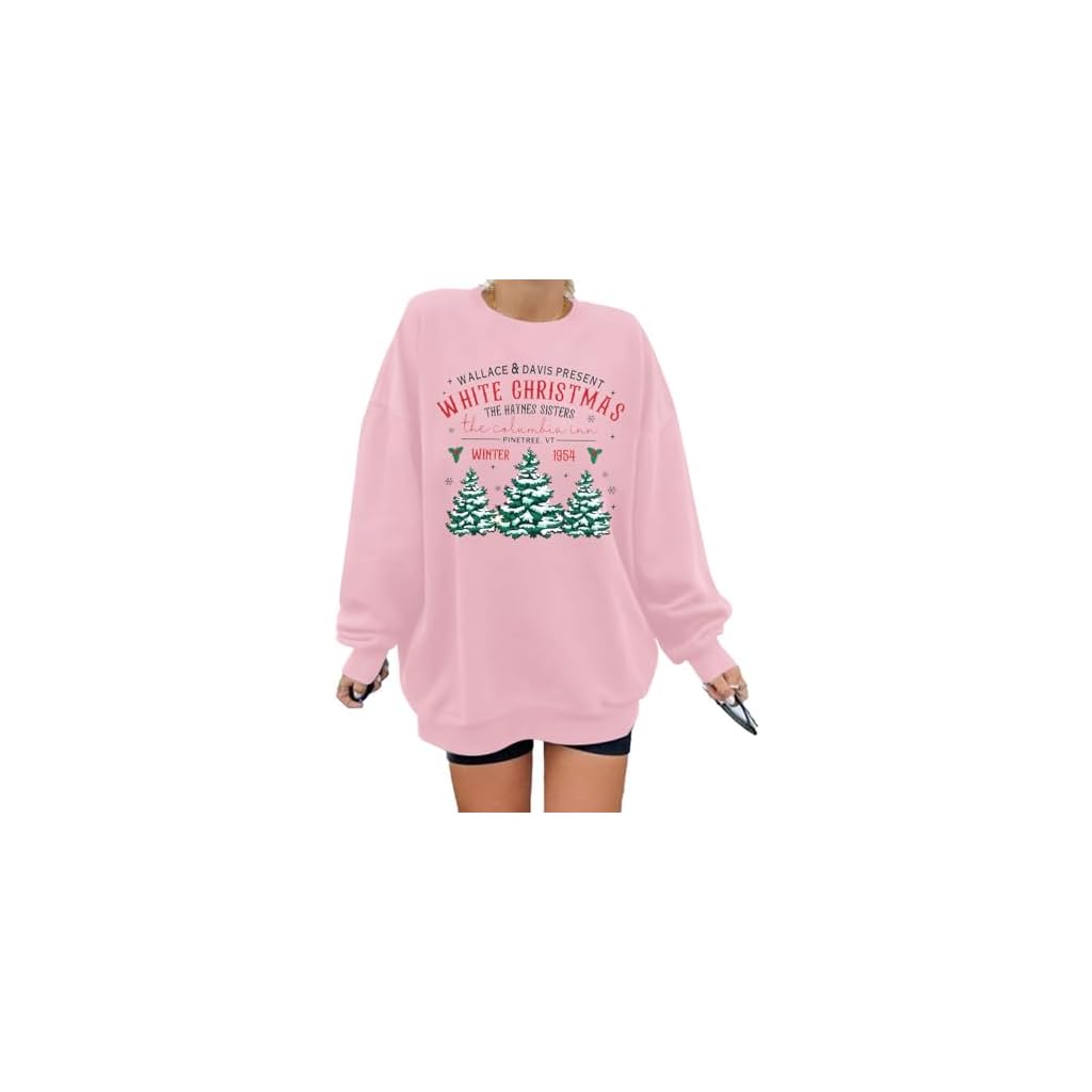 MYHALF Womens White Christmas Sweatshirt Crewneck Christmas Tree Graphic Shirts Oversized Xmas Pullover Sweater