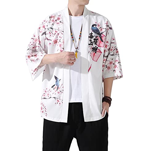 Image of PRIJOUHE Men's Lightweight Kimono Jacket Seven Sleeve Open Front Cardigan Coat Japanese Style Bathrobe