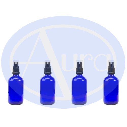 Aura 100ml Blue Glass Bottles with Black ATOMISER Sprays - Pack of 4