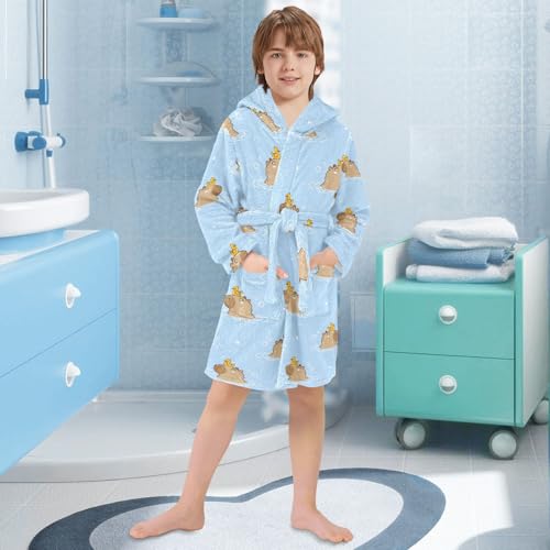 Toddler Baby Hooded Bathrobe for Boys Girls Soft Plush Bath Towel Robe with 2 Pockets for 2-12 Years3