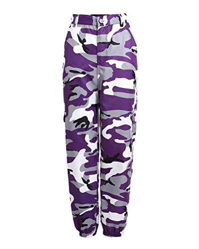 Tomwell - Tomwell Pantalon Cargo Femme Militaire Taille Haute avec Poche Mode Hip Hop Sweatpants Pantalon Imprimé Camouflage de Training Jogging Legging Violet 3XL