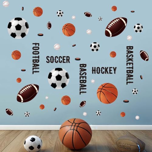 Amimagen Basketball Football Soccer Sports Wall Stickers - Kids Baby Boys Wall Decals - Nursery Playroom Classroom Daycare Game Room Bedroom Home Wall...