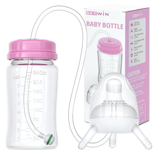 Image of TidyFriend Anti-Colic Baby Bottle for Breastfeeding Babies 8oz, Baby Bottle with Straw for Convenient Feeding (Pink)