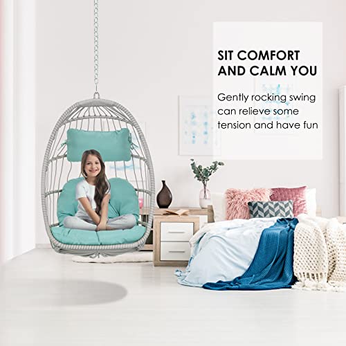 Brafab Egg Hanging Chair Without Stand Outdoor Indoor, Foldable Wicker Rattan Swing Egg Chairs Hammock Egg Basket Chair with Aluminum Frame and UV Resistant Cushion for Bedroom Patio Porch