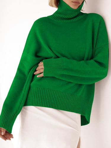 Image of YKR Women's Turtleneck Sweater Chunky Long Sleeve Knitted Pullover High Low Hem Sweater Jumper Top Green XL
