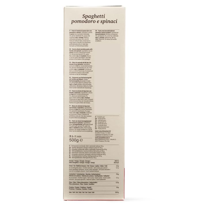 Dalla Costa Spaghetti Trójkolorowe z Pomidorem i Szpinakiem, Opakowanie Ekonomiczne 20x500 g