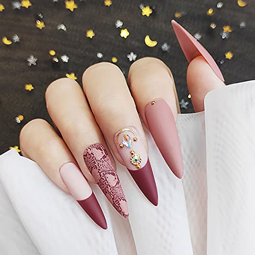 ELABEST Pink Stiletto False Nails Rhinestone Grain Crystal Fake Nail Press on 24Pcs Long Acrylic Art Nail Tips for Women and Girls