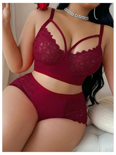 Image of MakeMeChic Women's Plus Size Lingerie Sets Contrast Lace Cut Out Wireless Bra and Panty Set