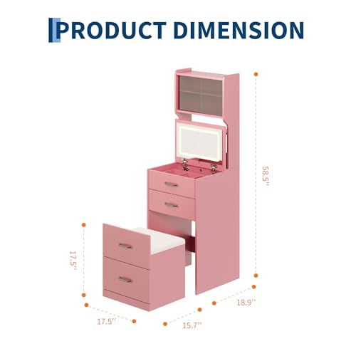 3 in 1 Vanity Desk with Flip Top Mirror, Compact Makeup Vanity Set with 3 Color LED, Dressing Table with 3 Drawers and Cabinet, Girls Small Vanity with Jewelry Box and Hidden Chair, Pink — view 2
