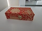 Decorative Storage Box with Gold Floral Pattern, Red and Gold Brocade Fabric, Metal Clasp