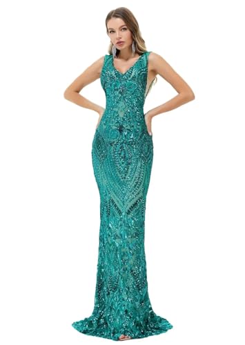 Image of Women's Wedding Bridesmaid Gown Sequined Mermaid V Neck Sleeveless Evening Dress