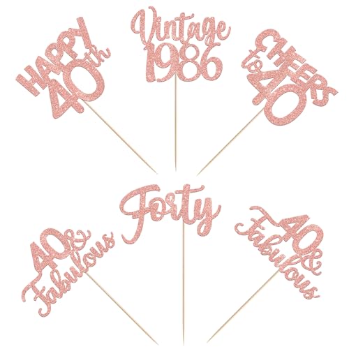Image of 15 PCS 40th Birthday Centerpiece Sticks Double Sided Forty Happy 40 Vintage 1986 Table Flower Centerpieces Sticks Cheers to 40 Fabulous Floral Decorations for 40th Birthday Party Supplies Rose Gold