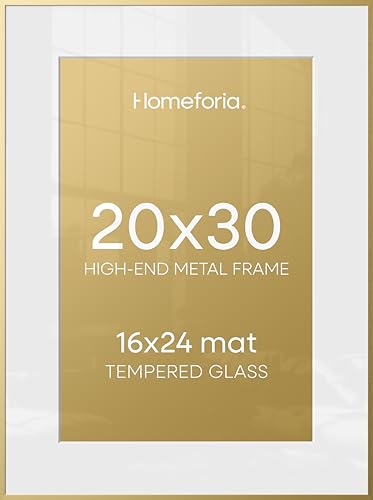 Image of Homeforia 20x30 Poster Frame Gold, High End Metal 20 x 30 Picture Frames with Mat 16 by 24 Photo, 20x30 Gold Frame Matted to 16x24 Print, 30x20 Large Hanging Frames, Tempered Glass, Wall Kit, Set of 1