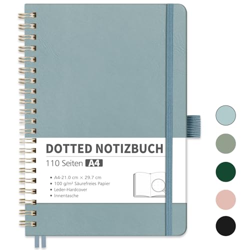 RETTACY Notizbuch A4 Dotted, Bullet Dot Journal mit 100 g/m² Dickem Papier, 55 Blatt, Notebook für Büro und Schule, Lederhülle, Grau-Blau, 21 cm x 29.7 cm