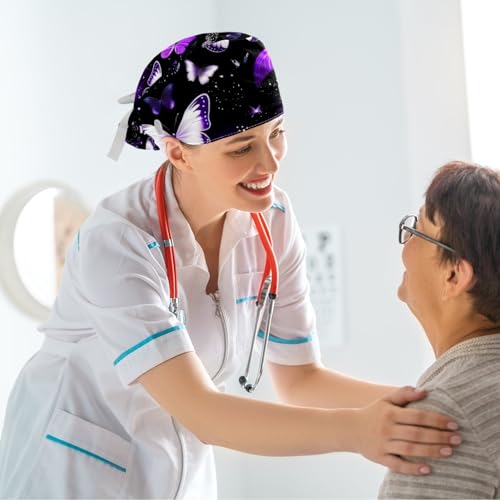 Image of Butterfly Scrub Cap Women with Ponytail & Buttons Adjustable Surgical Nurse Hat with Cotton Sweatband for Long Hair
