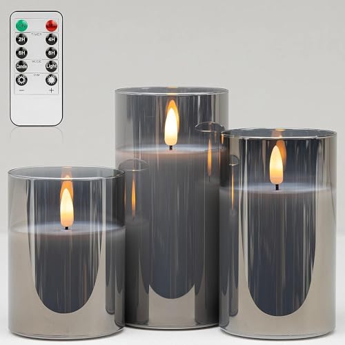 Image of Grey Glass Flameless Candles Real Wax LED Pillar Candles Set of 3 | 3D Black Wick Flame Effect Warm Flickering Glow 2 /4 /6 /8H Timer Safe Home Lighting for Bedroom, Wedding & Holiday Decor