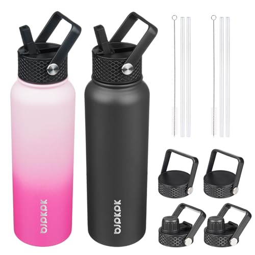 Image of BJPKPK 2 Pack 40oz Insulated Water Bottles with Straw Lids, Stainless Steel