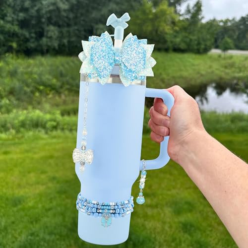 Hpebl 9PCS Accessories for Stanley Cup 40oz&30oz Tumbler Accessories Including Silicone Cute Blue Bow Straw Topper Cover Silicone Stanley Boot 4PCS Bracelet Y2K Blue Charms Pedant — view 4