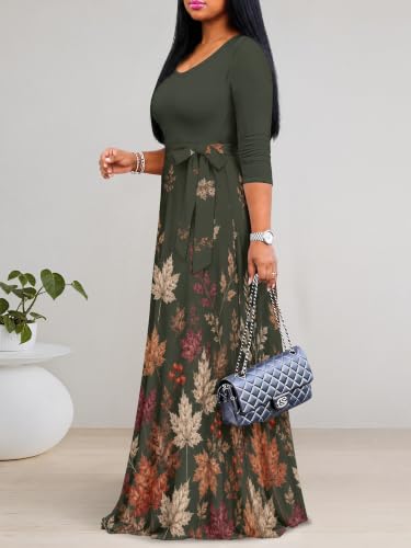 Image of PinkPatty Women's Plus Size Maxi Dresses Casual Flowy 3 /4 Sleeves Dress Printed Vacation Dress for Daily Wear with Belt