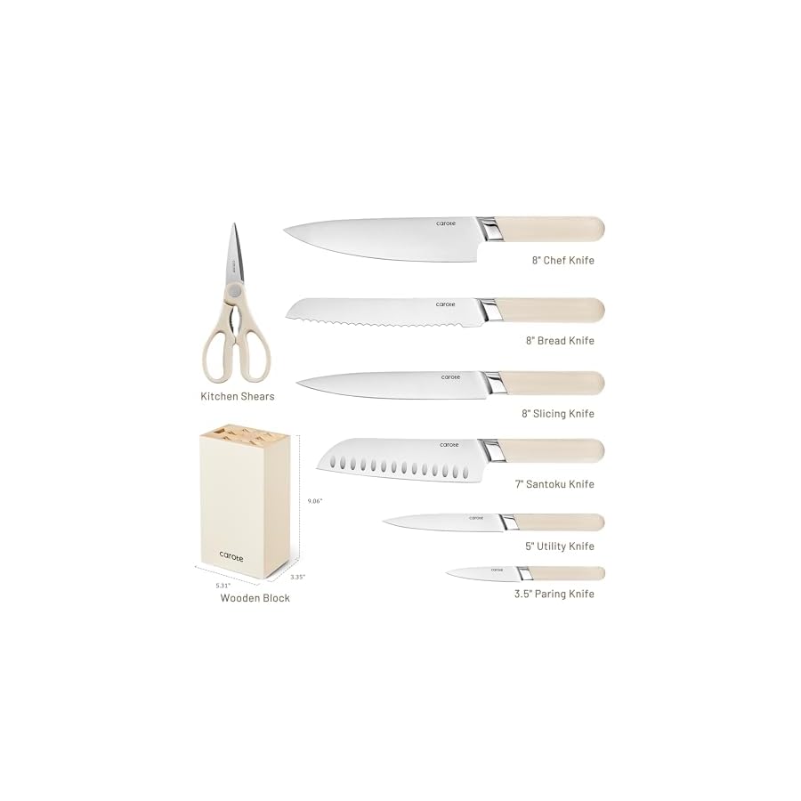 CAROTE 8PCS Kitchen Knife Bock Set, Stainless Steel Razor-Sharp Blade,Essential Knife Set with Block, Dishwasher Safe