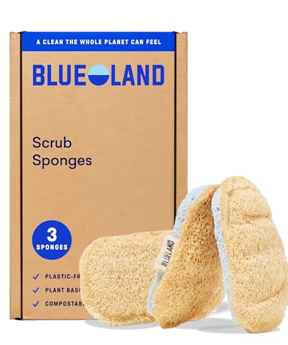 BLUELAND Scrub Sponge 3-Pack Dual-Sided Dish Loofah Plastic-Free Plant-Based Kitchen Scrubbing Non-Scratch