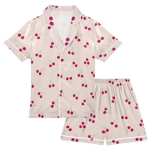 Cherry Patterns Summer Satin Pajama Set, Cute Button-Down Sleepwear Pj Set for Sleep Wears