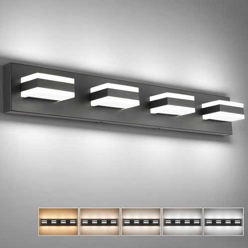 Image of SOLFART 4 Lights Bathroom Vanity Lighting Over Mirror,5 Color Temperature Adjustable Matt Black Vanity Light, LED Light Fixtures, Light Over Mirror ETL Listed