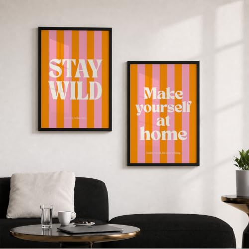 Image of Suneree Stay Wild Make Yourself At Home Wall Art Set of 2 Framed Paintings | Orange Pink Retro Typography Poster | Bedroom Living Room Home Decor (Art 19, 10x13 Inches, Black)