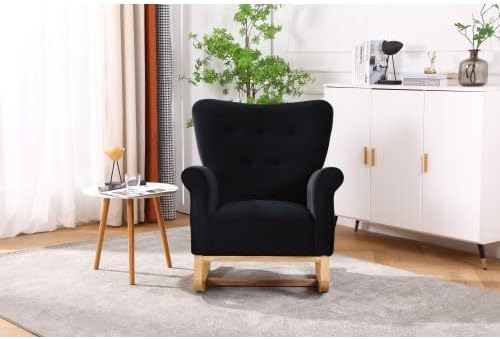 Miniatura 3 de Mecedora tapizada, moderna mecedora de respaldo alto con asiento acolchado de tela y base de madera, sillón decorativo para guardería, sala de