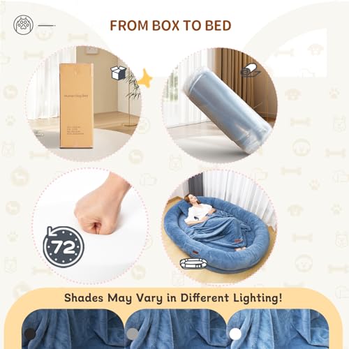 Fvkind Human Dog Bed for Adults, 71"x51"x12" Washable Orthopedic Size, Faux Fur Removable, Cozy Large Present with Blanket and Pillow, Grayish Blue by Fvkind - Image 8