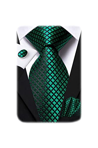 Hi-Tie Mens Plaid Ties Classic Paisley Necktie with Handkerchief Cufflinks Set Business Stripe Tie,Emerald Green