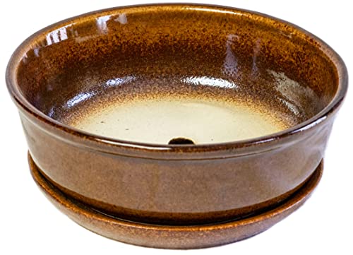 Kerazo Cuenco redondo de cerámica para bonsái de 18 x 6 cm, con base marrón, de alta calidad, resistente, resistente a las heladas, duradero con orificio para el suelo Cover