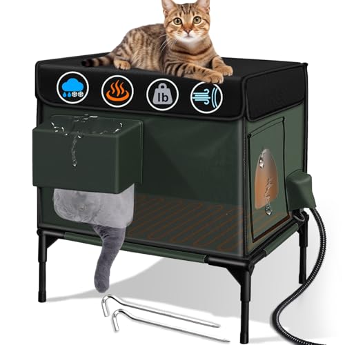 LUBLACET Heated Cat House, Insulated & Waterproof, Adjustable Awning, Escape Door, Indoor/Outdoor, Dark Green, 13
