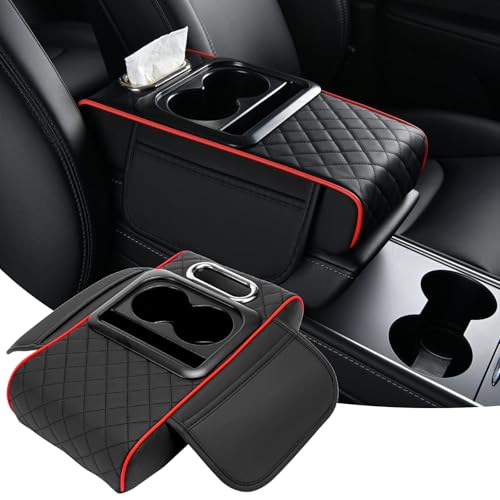 Image of Khushi Liquid Car Armrest Cushion, 5 in 1 Center Console Cover with 2 Cup Holders, Phone Holder, Tissue Holder, Storage Bag, Multifunctional Leather Heightened Car Armrest Cushion for Most Cars