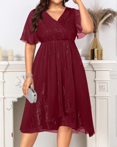 Image of Talisea Plus Size Cocktail Dress - Formal Wedding Guest Fall Long Sleeve A Line Pleated V Neck Midi Dresses for Curvy Women