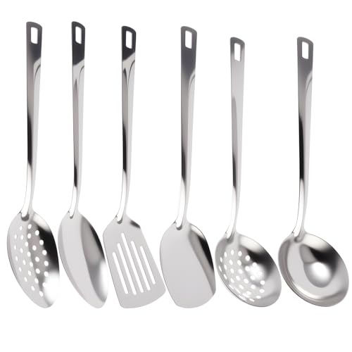 6 Piezas Utensilios de Cocina Acero Inoxidable, Cucharones de Cocina, Cooking Utensils Set, Incluye Cuchara Afilada, Cucharas Coladora, Espátula Freír, Espátula Sartén, Cuchara Sopa, Colador Sopa