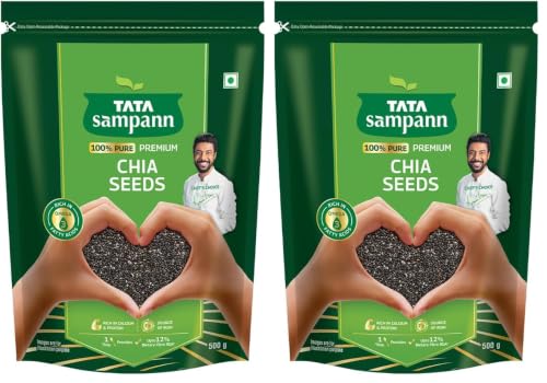 Image of Tata Sampann Pure Chia Seeds, 500g, Rich in Calcium & Protein, Source of Iron, Trans Fat Free, Rich in Magnesium, Rich in dietary fibre, Rich In Omega 3 Fatty Acid (Pack of 2)
