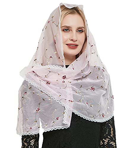 Orthodoxer Schleier Kopfbedeckung mit bestickten Blumen Katholische Kapelle Mantilla Schleier V50, Rosa Schleier, Einheitsgröße Cover
