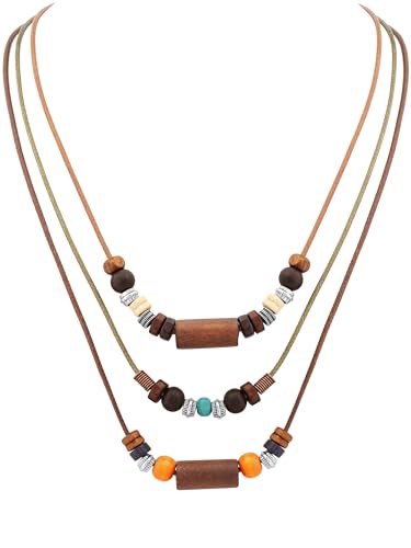 MINACHI Ethnic Boho Colorful Wooden Bead Multi-Layered Braided Rope Necklace, Women's Jewelry