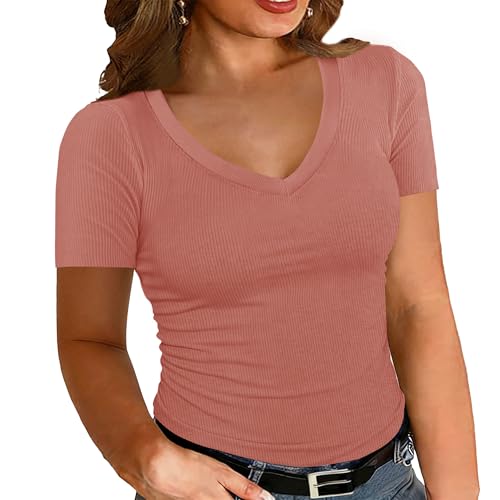 Chulianyouhuo Womens Plus Size Tops V Neck Short Sleeve Ribbed Knit Shirts Summer Fitted Basic Tee Casual Blouse 2026 Dark Pink