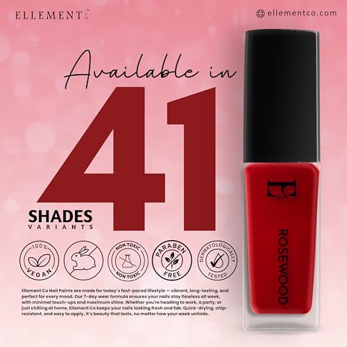 Image of Ellement Co Rosewood Nail Paint 10 ML | Classic Red Nail Colour with Glossy Finish | Long Lasting & Chip Resistant Formula | Smooth Professional Application | Vegan, Non-Toxic & Paraben Free Nail Polish for Festive, Party, Wedding & Everyday Glam Look