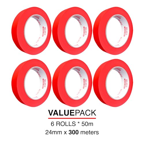 Image of KLAPiT Waterproof Masking Tape - 1 Inch X 50m Painters Tape, Paper Tape, Washi Tape, Red Tape for Painting, Home Office, Industrial Use, Extreme Conditions, Multi-Purpose Tape (6 pc Pack)
