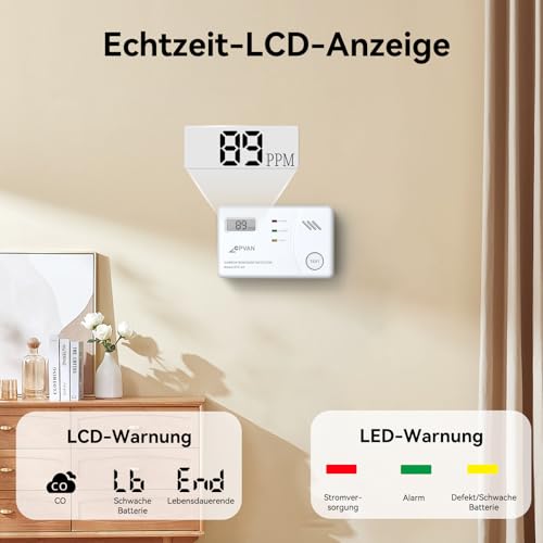 CPVAN Kohlenmonoxid Melder mit 10 Jahre Sensor, TÜV Zertifiziert CO Melder mit Austauschbarer Batterie und Digitalem Display, CO Warner mit Testknopf, Europäische Norm EN50291,1er Set