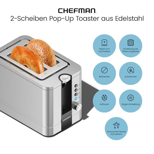 Chefman Tostapane 2 Fette, 7 Impostazioni di Tostatura, Toastiera Pane Spesso e Tostiera Bagel, Riscaldamento, Scongelamento, Annulla, Leva di Sollevamento, Vassoio Raccoglibriciole Estraibile - immagine 3