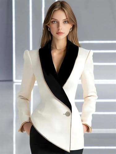 Women Blazer Jacket Elegant Asymmetrical Contrast Lapels Long Sleeves Slim Blazers2